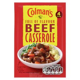 Colman's Beef Casserole Mix 40g, front of sachet showing bowl of beef casserole with mash and carrots.