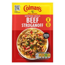 Colman's Beef Stroganoff Mix 39g, front of the pack with serving suggestion bowl of pasta and sauce.