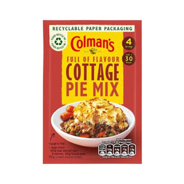 Colman's Cottage Pie Mix 45g, front of the packet showing a bowl of cottage pie and ingredients list.
