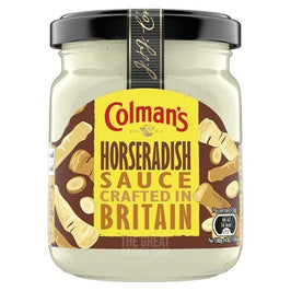 Colman's Horseradish Sauce 136g, the jar with black lid and label shown front on.