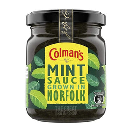 Colman's Mint Sauce 165g, the glass jar with its black lid and green mint leaf label