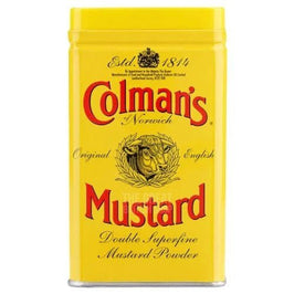 Colman's Mustard Powder 113g: the yellow tin showing the bull crest and front label.