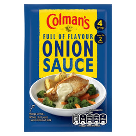 Colman's Onion Sauce 35g: front of the sachet with serving suggestion photo on a plate.