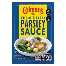 Colman's Parsley Sauce Mix 20g, front of the sachet showing a plated salmon dish.