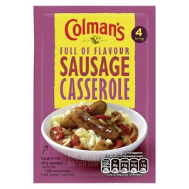 Colman's Sausage Casserole Mix 39g: front of the sachet with a bowl of sausage casserole and mash shown.