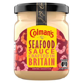 Colman's Seafood Sauce 155g, front of the jar with black lid and prawn design label.