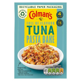 Colman's Tuna Pasta Bake 44g, front of the packet with a bowl of pasta bake and ingredients list.