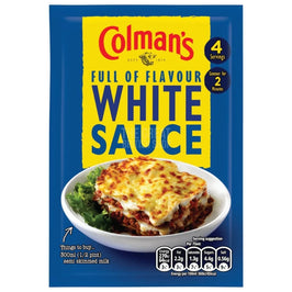 Colman's White Sauce 25g, front of the sachet with a plated lasagne photo and nutrition panel.