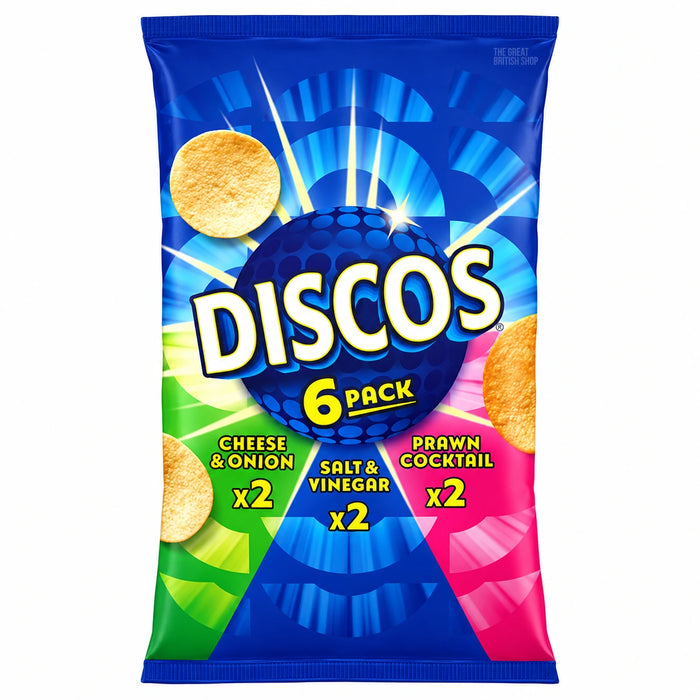 Discos Variety six-pack, blue outer bag with cheese and onion, salt and vinegar, and prawn cocktail panels.