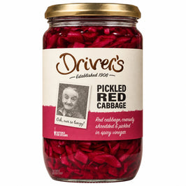 Driver's Pickled Red Cabbage 710g, glass jar with a gold lid and cream and burgundy portrait label.