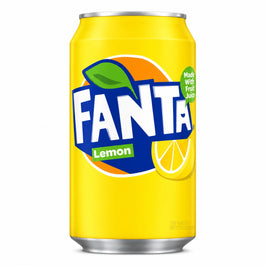 Fanta Lemon 330ml, yellow can with a green leaf and lemon-wedge illustration.