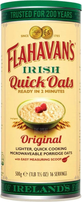 Flahavan's Irish Quick Oats 500g: front of the cylindrical drum showing a bowl of porridge topped with raspberries.