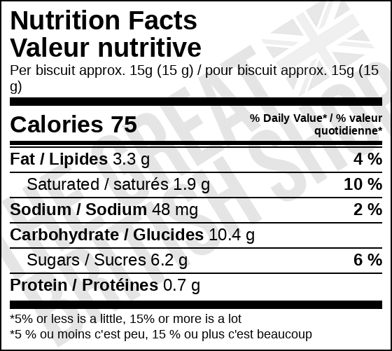 Fox's Ginger Crunch Creams - 200g nutrition facts label / valeur nutritive