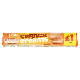 Fox's Golden Crunch Creams 230g, front of the pack showing biscuits and nutrition panel.