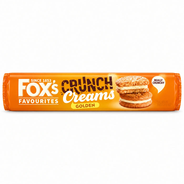 Fox’s Golden Crunch Creams 200g, front view of the UK biscuit wrapper