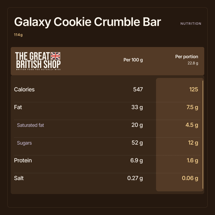 Galaxy Cookie Crumble Bar - 114g imported British grocery product available in Canada