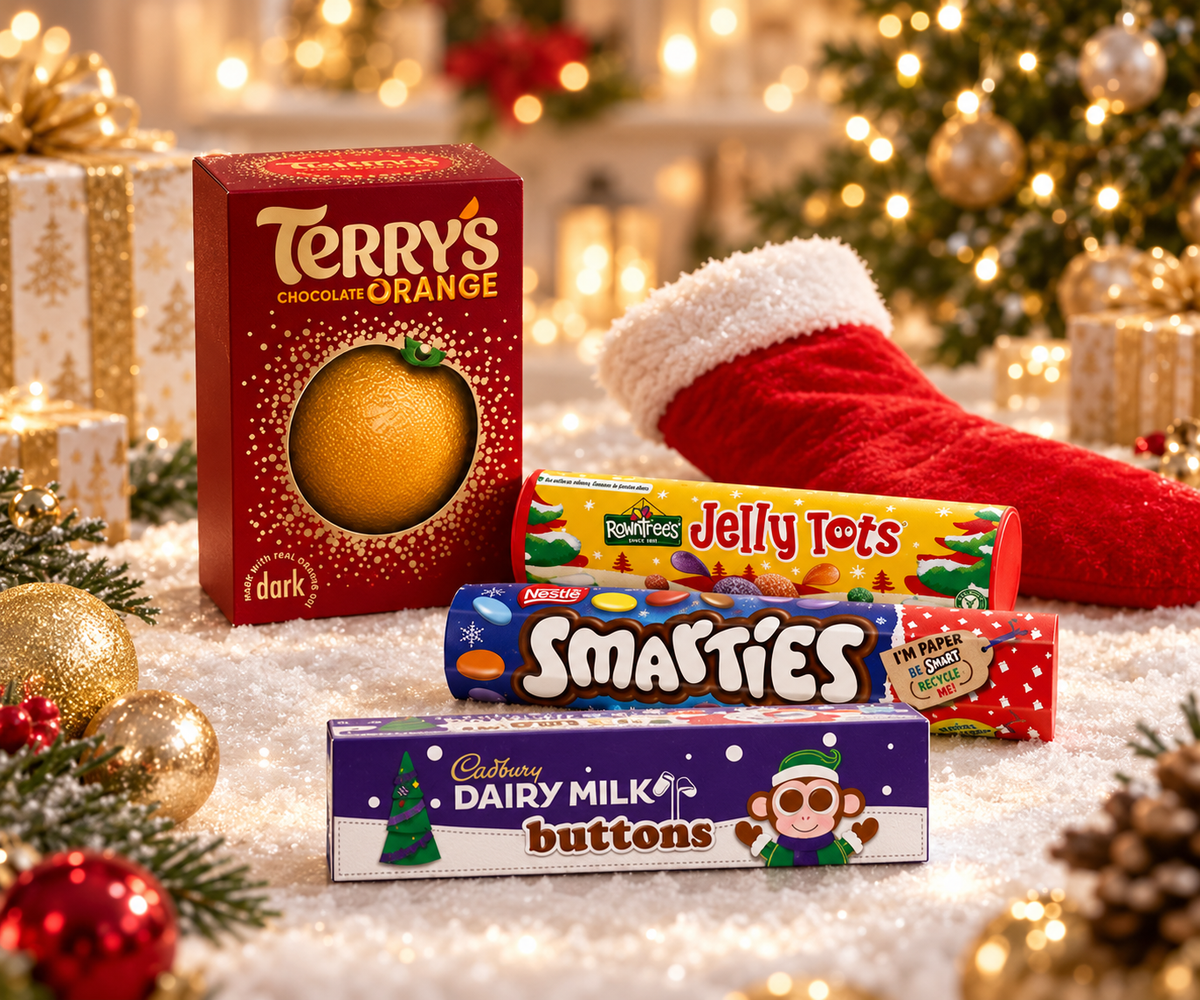 British Christmas stocking selection in a festive setting