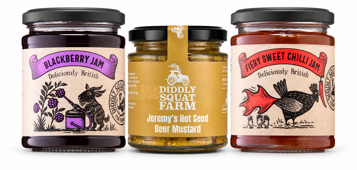Diddly Squat Farm Blackberry Jam - 340g; Diddly Squat Hot Seed Mustard - 190g; Diddly Squat Farm Chilli Jam - 280g