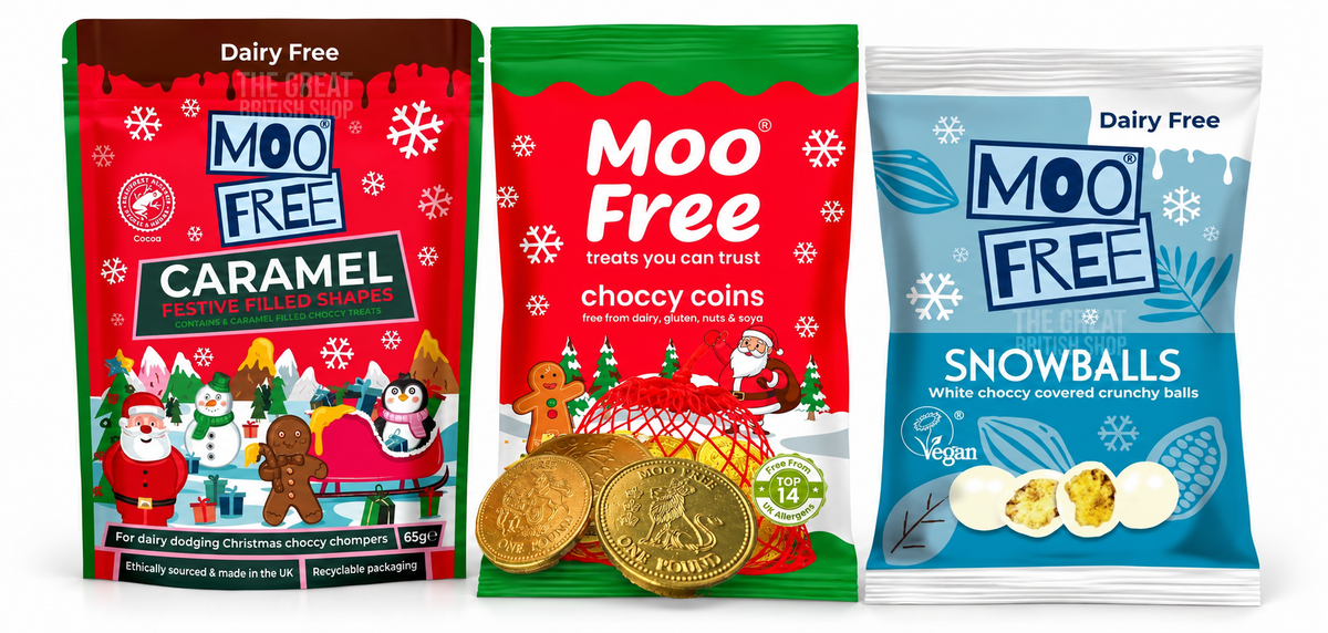 Moo Free Gluten & Dairy Free Festive Caramel Filled Shapes - 65g; Moo Free Choccy Coins - 49g; Moo Free Gluten & Dairy Free White Chocolate Snowballs Bag - 35g