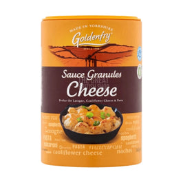 Goldenfry Cheese Sauce 160g, yellow cylinder with a cauliflower-cheese dish on the label.