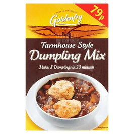 Goldenfry Farmhouse Style Dumpling Mix 142g, front of the pack with a bowl of stew and dumplings.