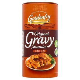 Goldenfry Onion Gravy 300g: front of the cylindrical pack showing a roast dinner plated with gravy.