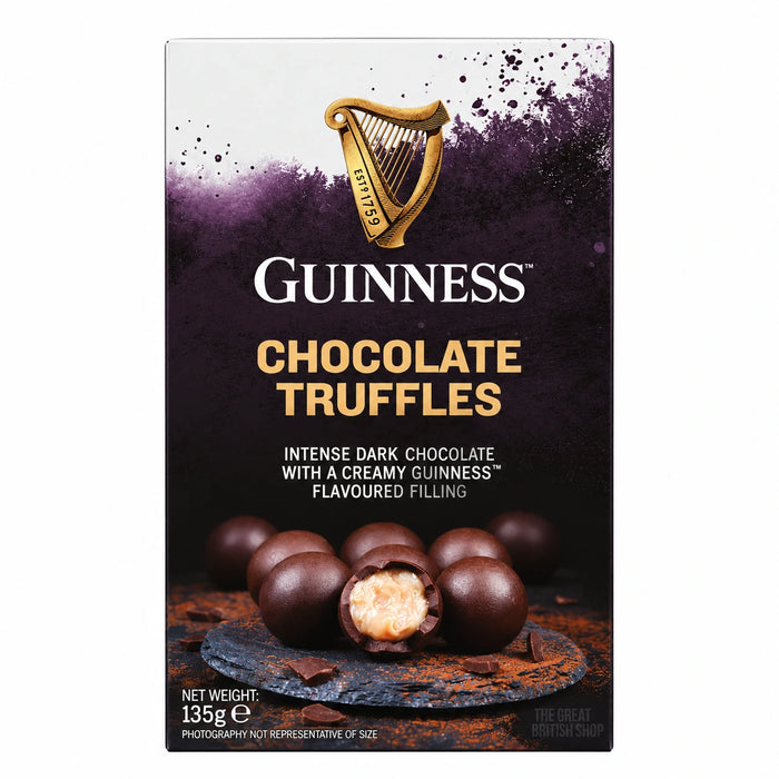 Guinness Chocolate Truffles 135g, front of the purple and gold carton with truffles pictured.