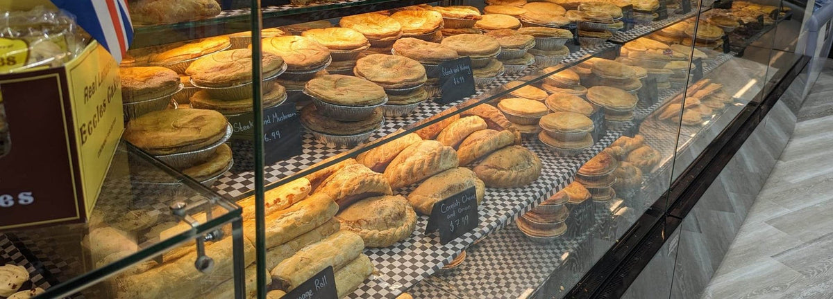 Pies, sausage rolls and pasties in the Halifax shop bakery counter