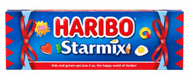 Haribo Starmix Cracker Tube 120g: blue cracker-shaped box with red ribbon ends and Starmix logo.