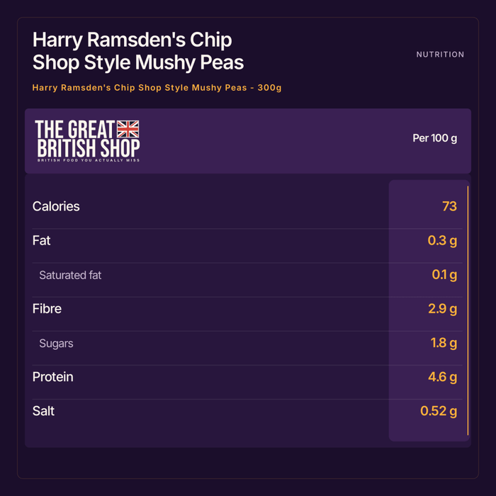 Harry Ramsden's Chip Shop Style Mushy Peas - 300g imported British grocery product available in Canada