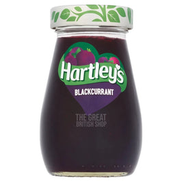 Hartley's Blackcurrant Jam 300g: glass jar with leaf-print lid and heart-shaped label.