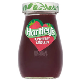Hartley's Raspberry Seedless 340g: the jar showing its heart shaped label and lid.