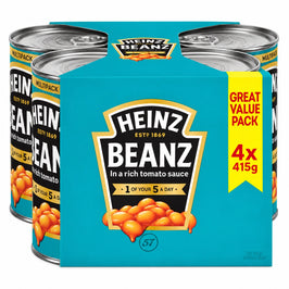 Heinz Beanz four-pack of 415g cans in a turquoise cardboard carrier with a yellow Great Value Pack banner.