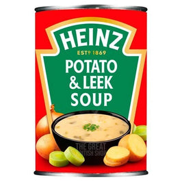 Heinz Potato & Leek Soup 400g: the front of the can showing a bowl of soup with onions, leeks and potatoes.