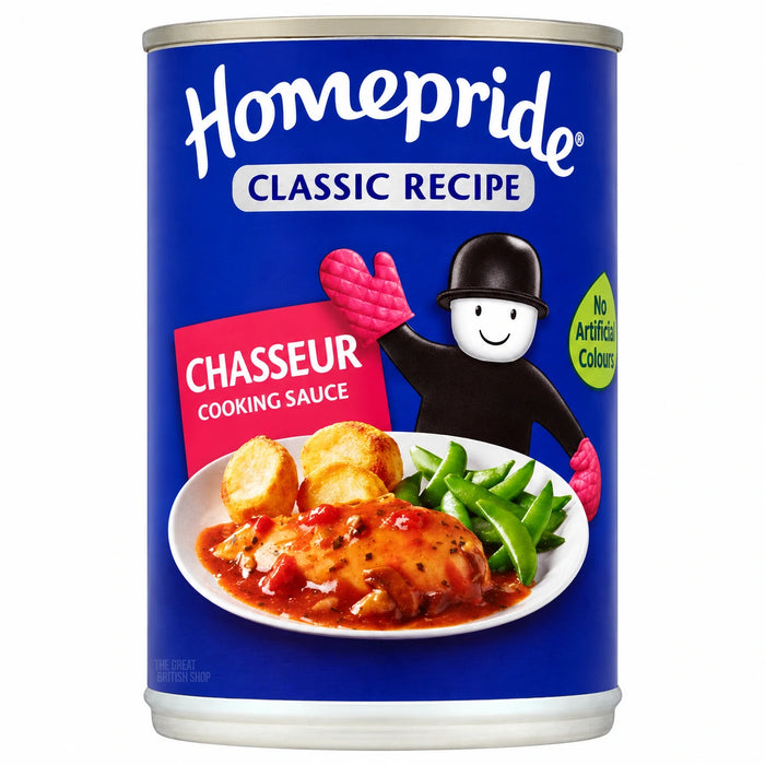Homepride Chasseur 400g cooking sauce can, with a blue label, Fred mascot and chicken dinner pictured.