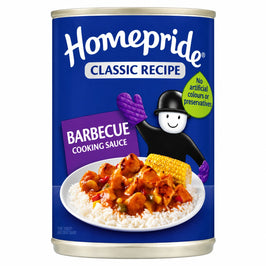 Homepride Classic Recipe Barbecue Cooking Sauce 400g can, with Fred in purple oven mitts and a chicken, rice and corn serving pictured.