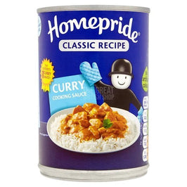 Homepride Cook In Sauce Curry 400g: tin showing a plated curry with rice on the label.
