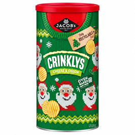 Jacob's Crinklys Cheese & Onion Flavour 200g: front of the festive tube, Santa design on green tin