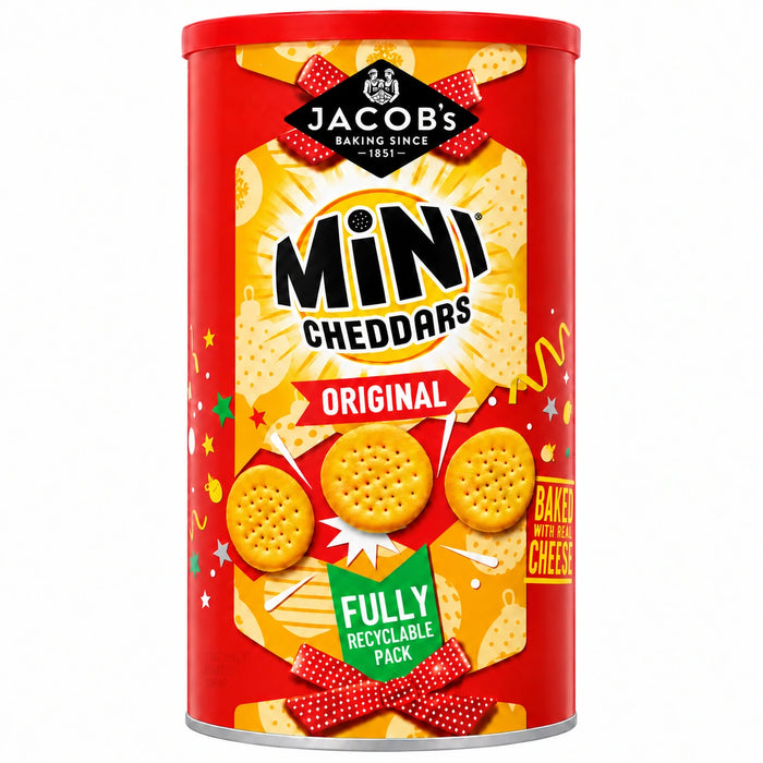 Jacob's Mini Cheddars Original 260g Christmas caddy, front view of the red festive pack