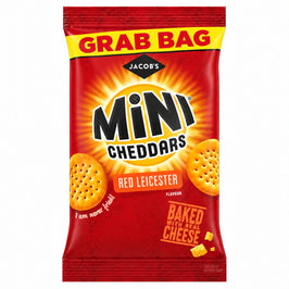 Jacob's Mini Cheddars Red Leicester 45g, red grab bag with cheese-biscuit illustrations.