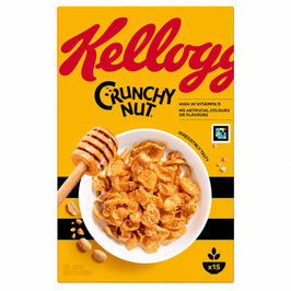 Kellogg’s Crunchy Nut 460g cereal box, shown straight on with honey, peanuts, a bowl of golden flakes and the original coloured accessibility code.