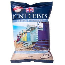Kent Crisps Oyster and Vinegar 40g, front of the navy pack with beach huts photo.