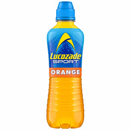 Lucozade Sport Orange 500ml, orange drink in a blue-capped sports bottle.