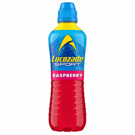 Lucozade Sport Raspberry 500ml, red drink in a blue-capped sports bottle.