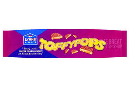 Lyons Toffypops 120g: front of the pack showing toffee filled biscuits with chocolate coating.