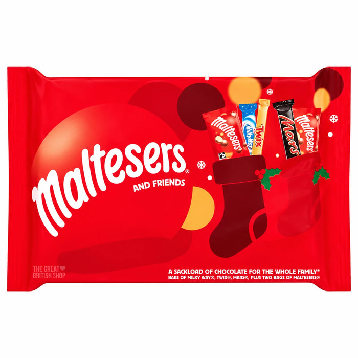 Maltesers and Friends Selection Box 73g: front of red pack showing stocking with chocolate bars.