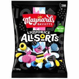 Maynards Bassetts Liquorice Allsorts - 130g, front view of the product packaging