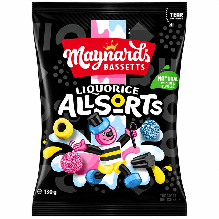 Maynards Bassetts Liquorice Allsorts - 130g, front view of the product packaging