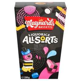 Maynards Bassetts Liquorice Allsorts Carton 350g: front of the black box showing sweets.