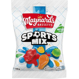 Maynards Bassetts Sports Mix 130g, front of the bag showing sport-shaped sweets.